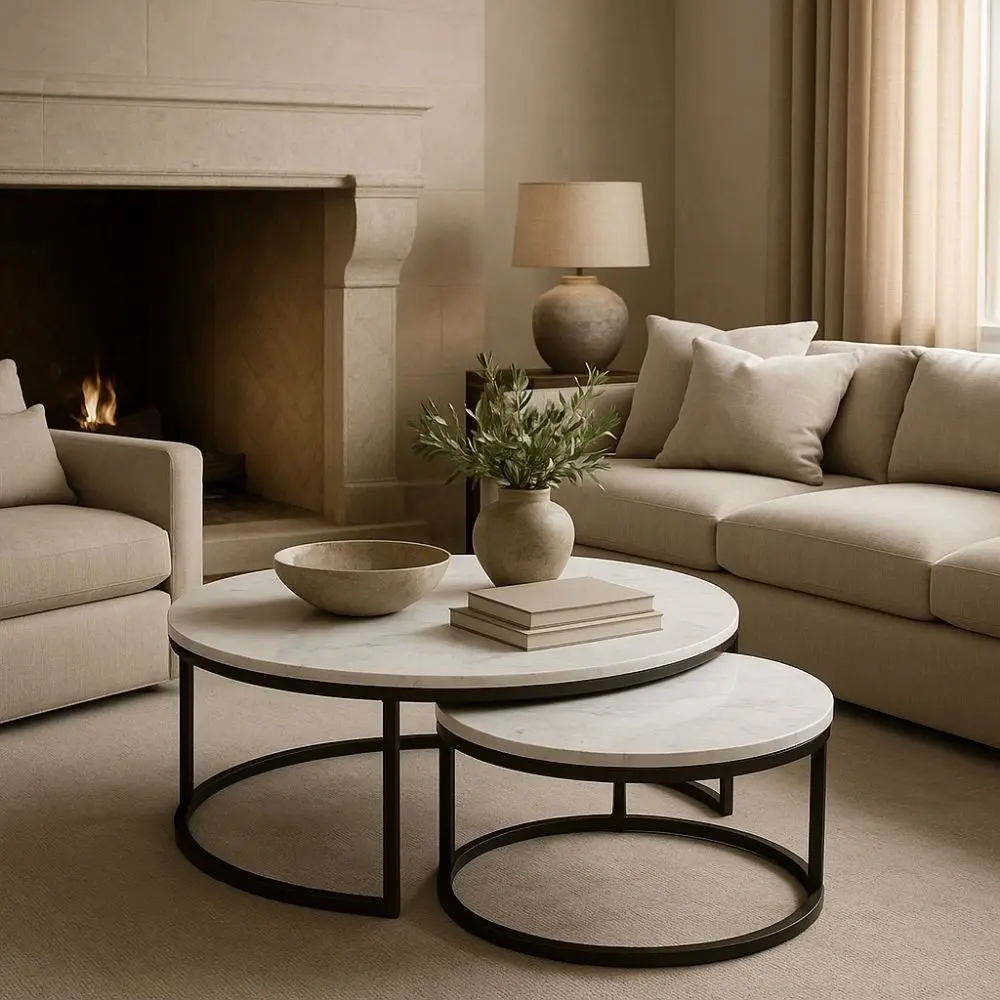 Set of two round nesting coffee tables with white marble tops and thin black metal bases, shown partially stacked.