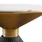Sculptural end table featuring a white round marble top, flared gold accent, and fluted black wood base.