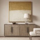 Dark wood entertainment console with four doors and vertical metallic handles, showcasing a modern and refined silhouette.
