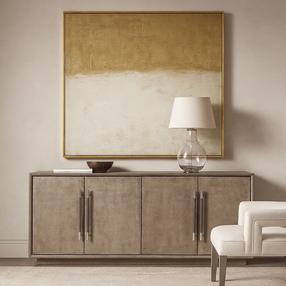 Dark wood entertainment console with four doors and vertical metallic handles, showcasing a modern and refined silhouette.