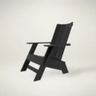 Modern black Adirondack-style outdoor chair with angled slats and wide armrests, set against a neutral background.