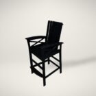 A black outdoor pub-height chair with slatted back, contoured seat, and armrests, designed with a durable frame and footrest.