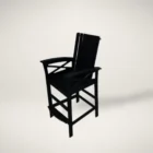 A black outdoor pub-height chair with slatted back, contoured seat, and armrests, designed with a durable frame and footrest.