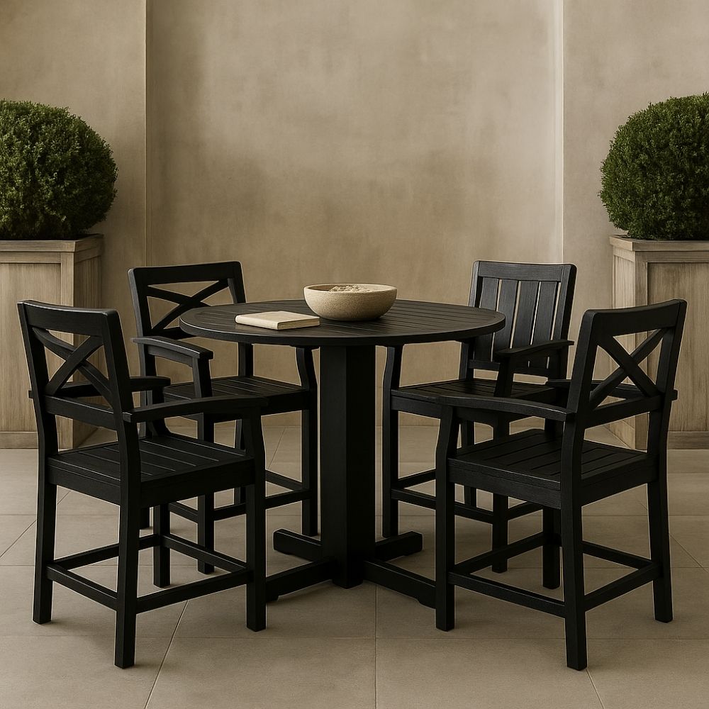 Sleek black round pub-height table with slatted top and sturdy X-base, shown against a neutral background.