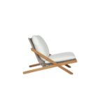 Outdoor lounge chair with angled wood frame and plush white cushions.