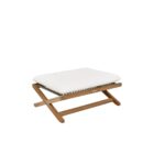 Outdoor teak stool with white cushion and slatted wood frame.