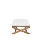 Outdoor teak stool with white cushion and slatted wood frame.