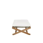 Outdoor teak stool with white cushion and slatted wood frame.