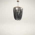 Cyan Hammock Pendant with cascading strands of charcoal grey beads on an antique brass frame.