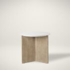 Mercana Enzo end table with a white marble top and fluted wood base in a natural finish.