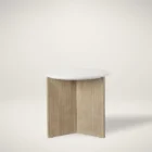 Mercana Enzo end table with a white marble top and fluted wood base in a natural finish.
