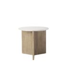 Mercana Enzo end table with a white marble top and fluted wood base in a natural finish.