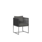 Modern outdoor dining chair with charcoal cushions, black woven frame, and sleek stainless steel base.