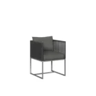 Modern outdoor dining chair with charcoal cushions, black woven frame, and sleek stainless steel base.