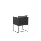 Modern outdoor dining chair with charcoal cushions, black woven frame, and sleek stainless steel base.