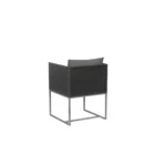 Modern outdoor dining chair with charcoal cushions, black woven frame, and sleek stainless steel base.