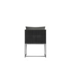 Modern outdoor dining chair with charcoal cushions, black woven frame, and sleek stainless steel base.