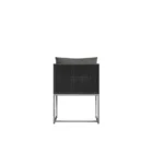 Modern outdoor dining chair with charcoal cushions, black woven frame, and sleek stainless steel base.
