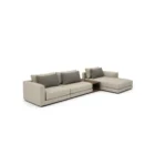 A modern modular sectional sofa in neutral beige with a built-in walnut storage table and chaise lounge.