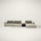 A modern modular sectional sofa in neutral beige with a built-in walnut storage table and chaise lounge.