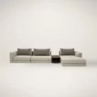 A modern modular sectional sofa in neutral beige with a built-in walnut storage table and chaise lounge.