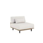 Contemporary outdoor armless lounge chair with white cushions, natural wood base, and black metal legs.