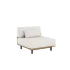 Contemporary outdoor armless lounge chair with white cushions, natural wood base, and black metal legs.