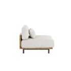 Contemporary outdoor armless lounge chair with white cushions, natural wood base, and black metal legs.