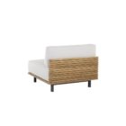 Contemporary outdoor armless lounge chair with white cushions, natural wood base, and black metal legs.