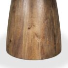 Round white marble dining table with a solid wood tapered cone-shaped base in a natural finish.