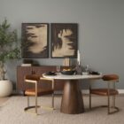 Round white marble dining table with a solid wood tapered cone-shaped base in a natural finish.