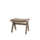 Low wood accent stool with woven cane seat and sculpted legs in a weathered oak finish.