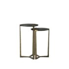 Pair of round nesting accent tables with charcoal wood tops and antique brass metal frames.