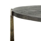 Pair of round nesting accent tables with charcoal wood tops and antique brass metal frames.
