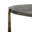Pair of round nesting accent tables with charcoal wood tops and antique brass metal frames.