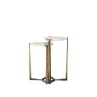 Set of two round white marble nesting tables with antique brass metal bases.