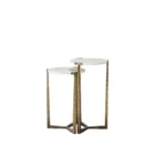 Set of two round white marble nesting tables with antique brass metal bases.