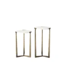Set of two round white marble nesting tables with antique brass metal bases.