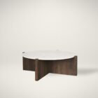 Round marble-top coffee table with cross-shaped dark wood base.