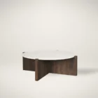 Round marble-top coffee table with cross-shaped dark wood base.