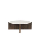 Round marble-top coffee table with cross-shaped dark wood base.