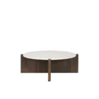 Round marble-top coffee table with cross-shaped dark wood base.