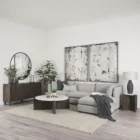 Round marble-top coffee table with cross-shaped dark wood base.