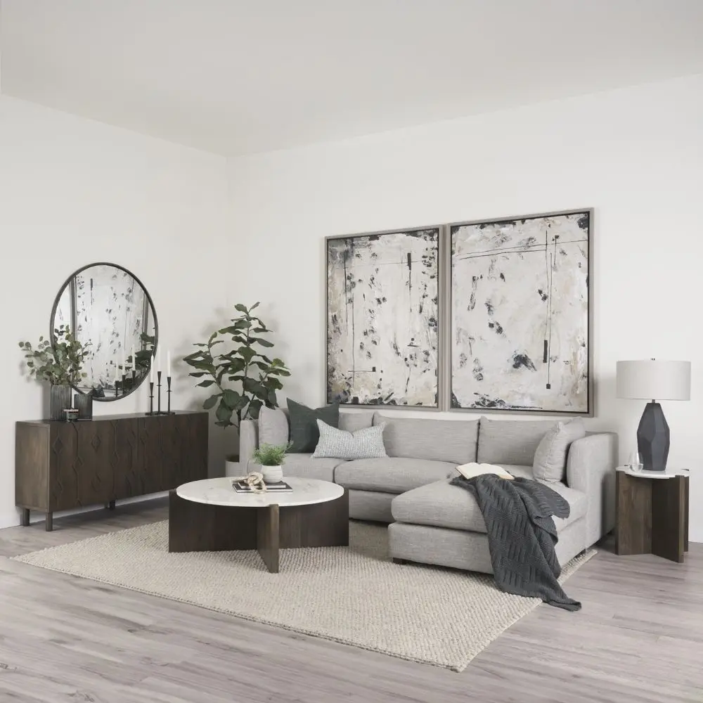 Round marble-top coffee table with cross-shaped dark wood base.