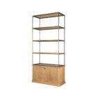 Tall bookcase with brass-toned metal frame, natural wood shelves, and a closed wood cabinet at the base.