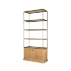 Tall bookcase with brass-toned metal frame, natural wood shelves, and a closed wood cabinet at the base.