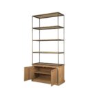 Tall bookcase with brass-toned metal frame, natural wood shelves, and a closed wood cabinet at the base.
