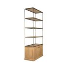 Tall bookcase with brass-toned metal frame, natural wood shelves, and a closed wood cabinet at the base.
