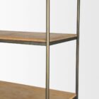 Tall bookcase with brass-toned metal frame, natural wood shelves, and a closed wood cabinet at the base.