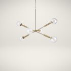 Modern chandelier with six hammered glass globe bulbs and a brushed brass angular frame.